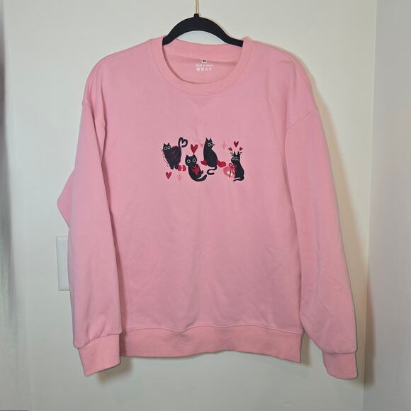 Cat Embroidered Crewneck Sweatshirt Size M Pink Hearts Black Kitten Valentines - Picture 1 of 8